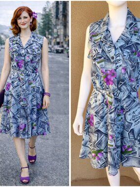 Vintage 90s does 50s Artsy Collage Hawaiian Button Front Dress